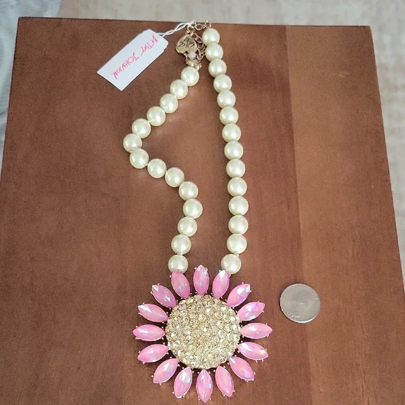 Betsey Johnson Pearl Strand Necklace with Pink Crystal Flower Pendant - Picture 4 of 7